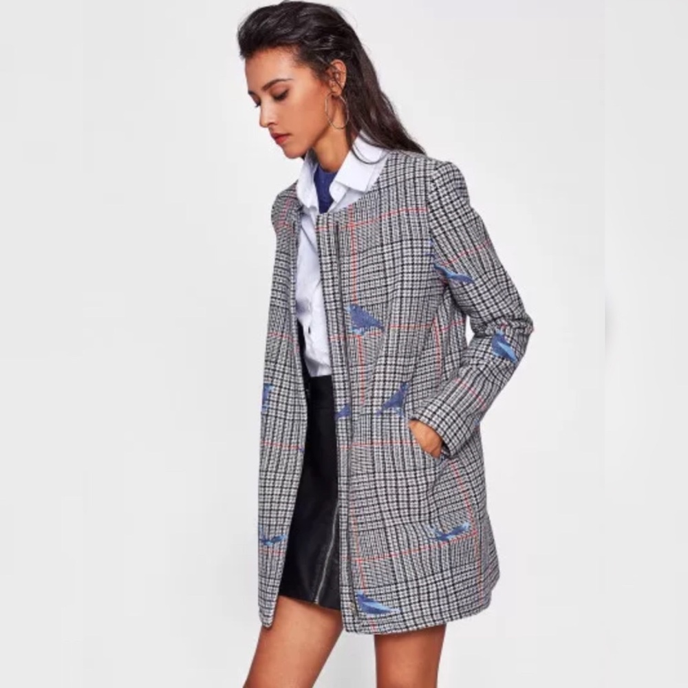 🍁FALL SALE🍁 Bird Embroidered Zip Plaid Coat